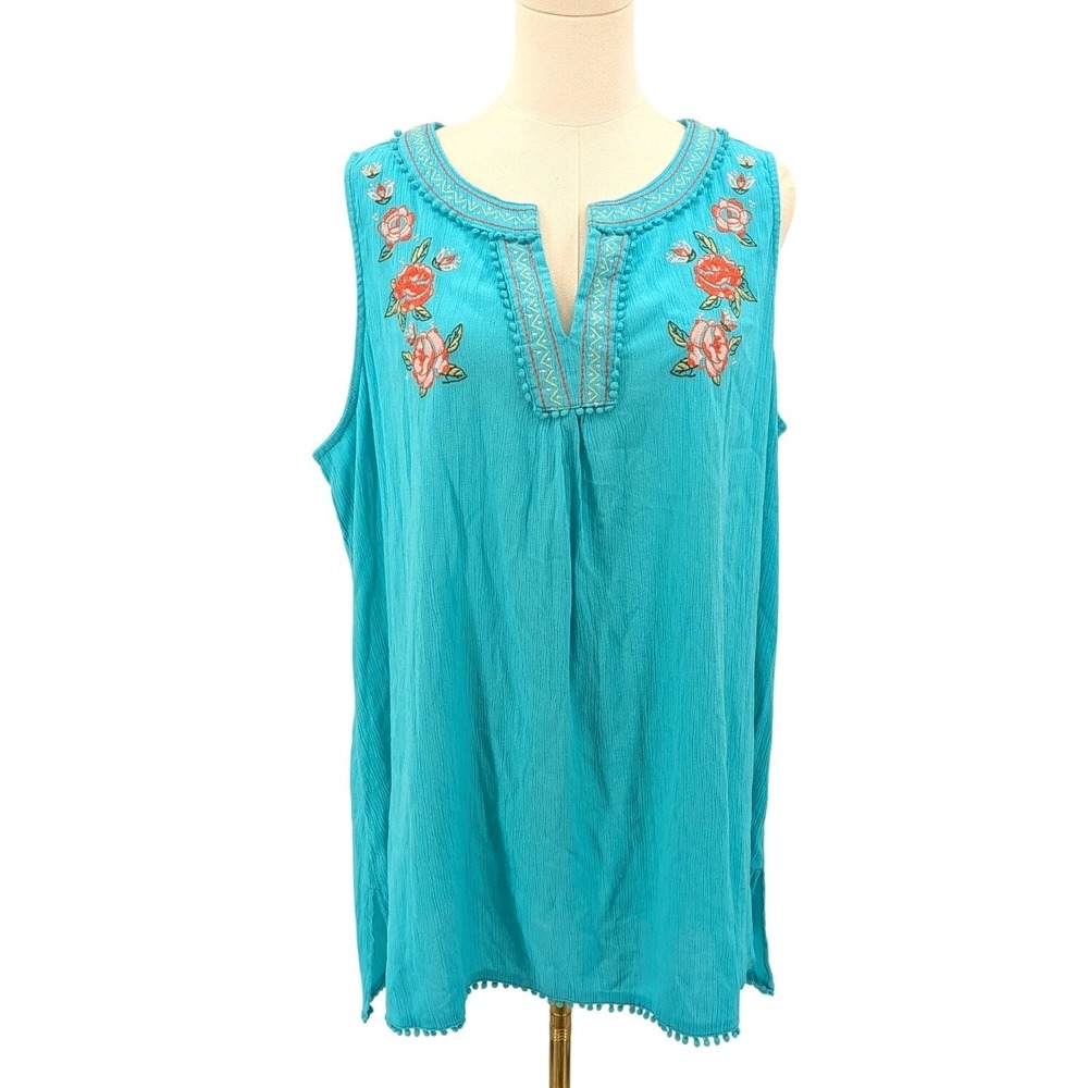 Boho Embroidered Tunic Tank Turquoise Pom Trim‎ Whispers 1X Floral Plus Spring